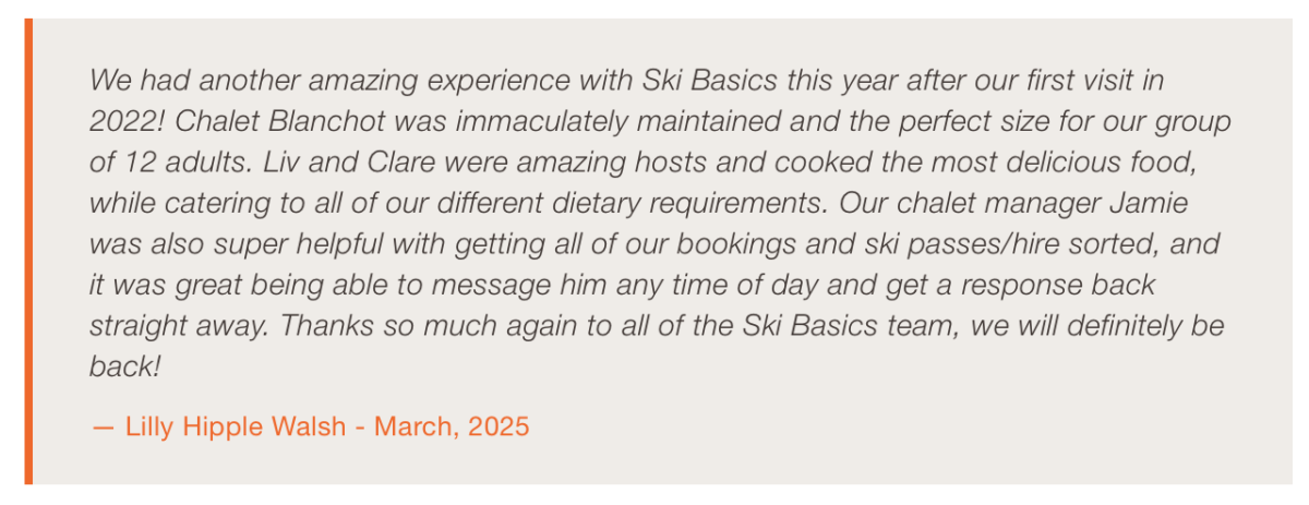 The Ski Basics food philosophy 4 review of the food and overall experience of a ski holiday in a ski basics catered ski chalet